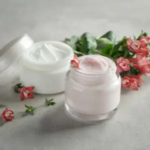 50ml glass jar of Advanced Brightening & Firming Moisturizer on a marble counter