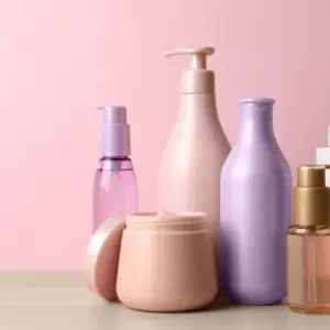 A table topped with bottles of cosmetics on top of it.