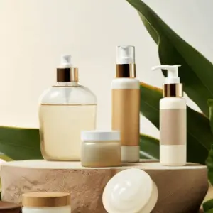A wooden table topped with bottles of lotion and cream.
