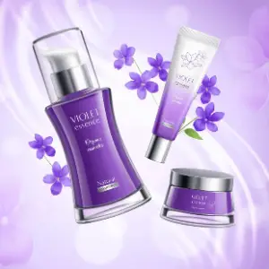 A purple set of cosmetics with flowers in the background.