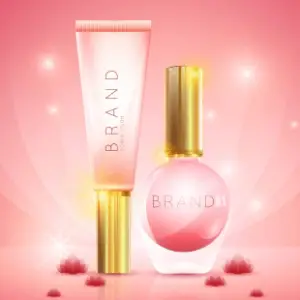 A pink background with two bottles of cosmetics.