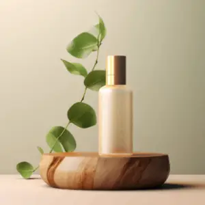A bottle of lotion sitting on top of a wooden bowl.