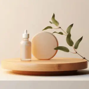 A wooden board with a bottle and leaf on it