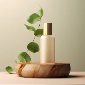 A bottle of lotion sitting on top of a wooden bowl.